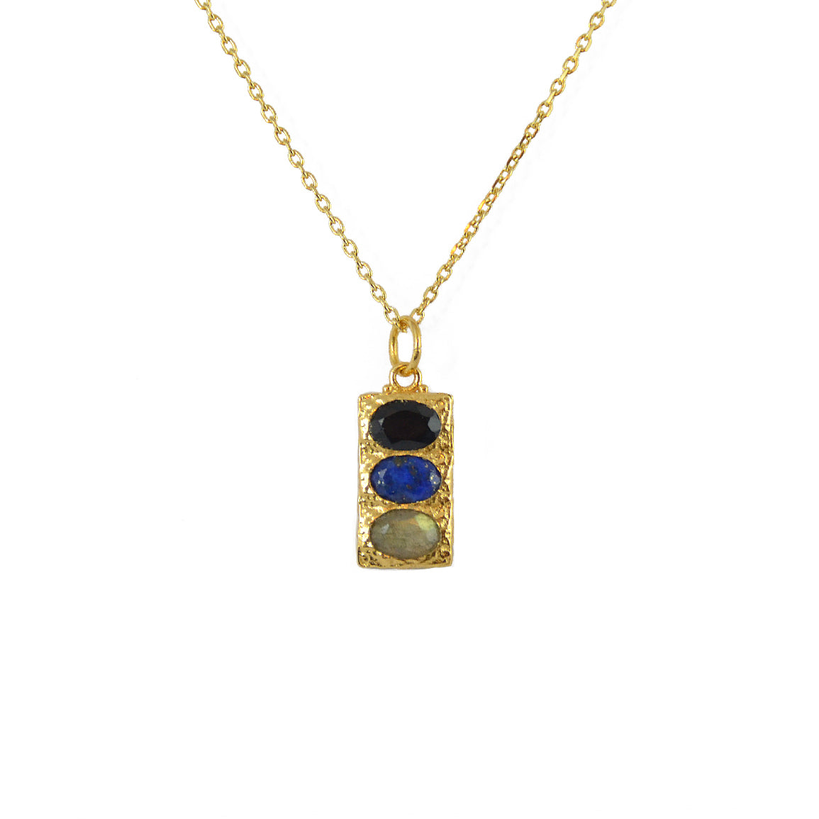 Collier doré plaque martelée 3 pierres - ONYX NOIRE - LAPIS