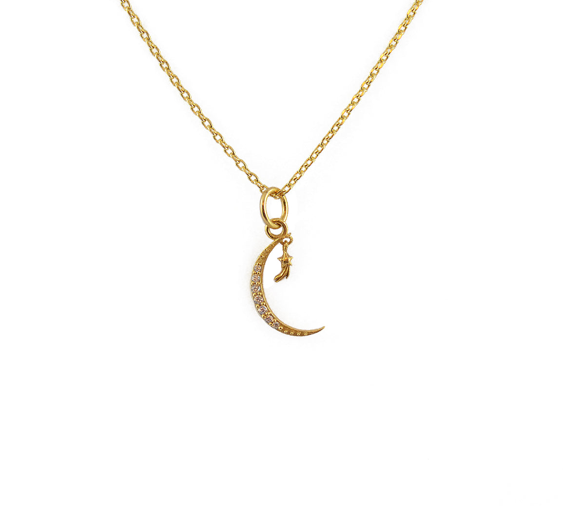 Collier doré croissant de lune et zircons - ZIRCONS BLANCS