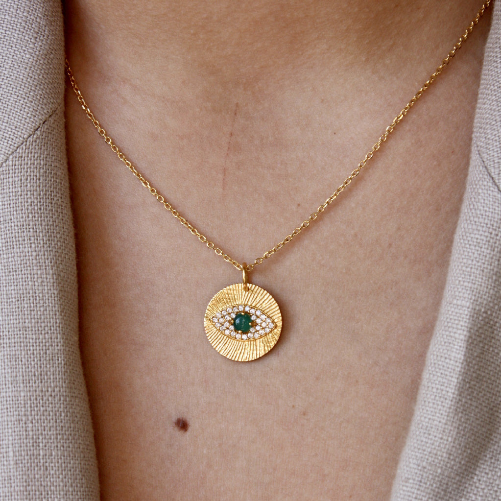 Collier doré médaille oeil et zircons - ONYX VERTE