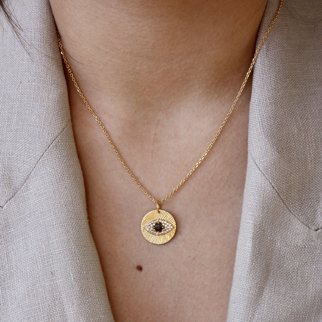 Collier doré médaille oeil et zircons - LABRADORITE