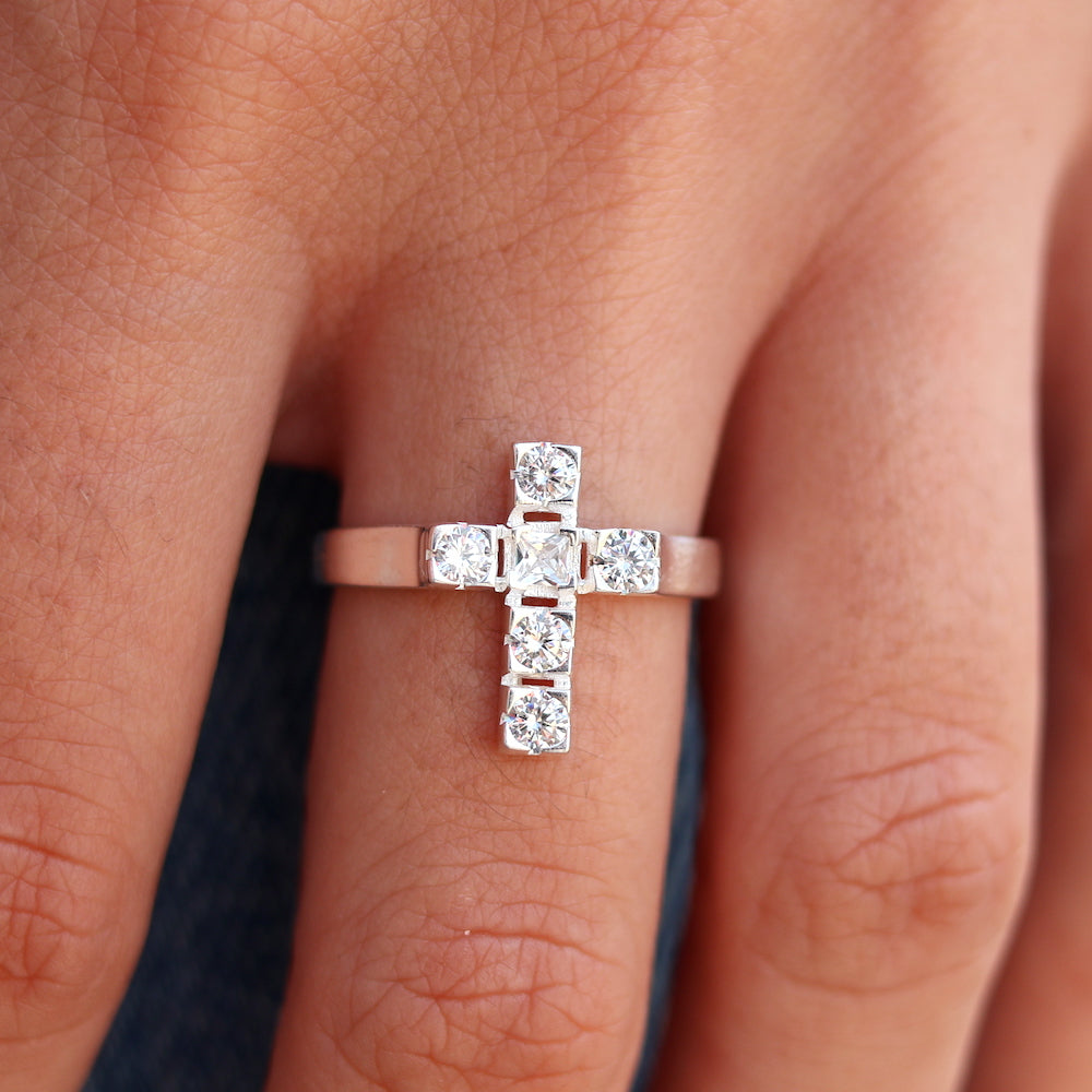 Bague croix en argent 925 et zircons - Bagues