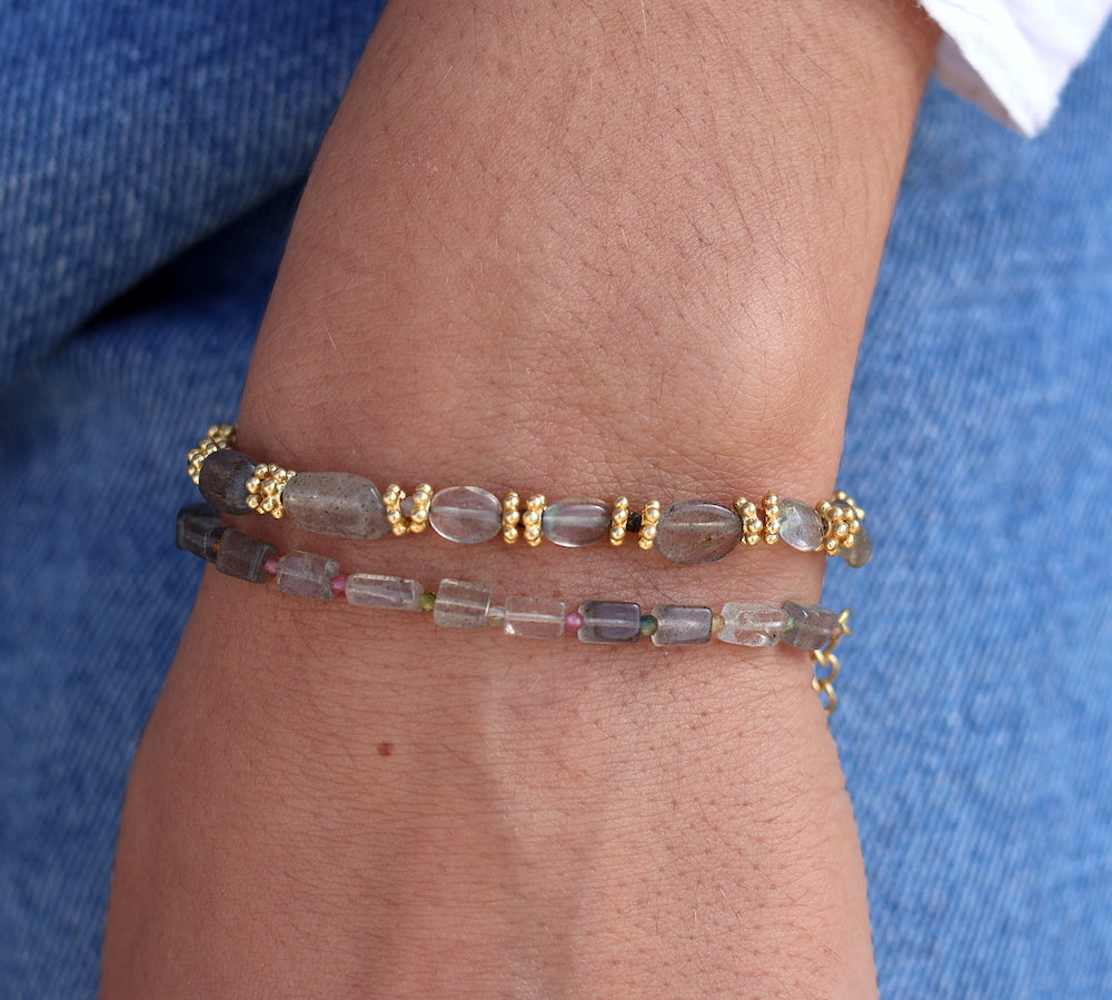 Bracelet duo pierres carrées et rondes - LABRADORITE -