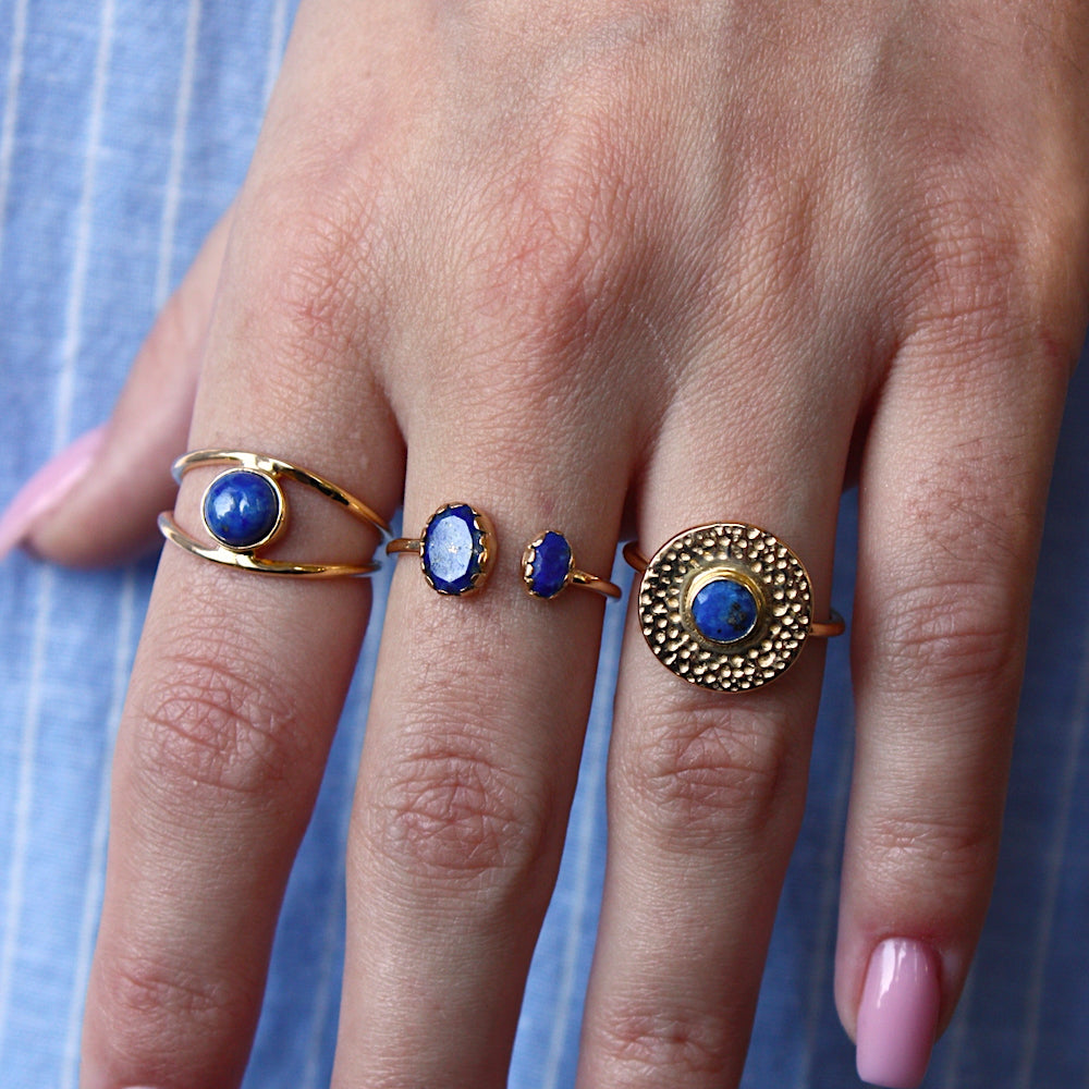 Bague dorée double et pierre cabochon - 50 / LAPIS