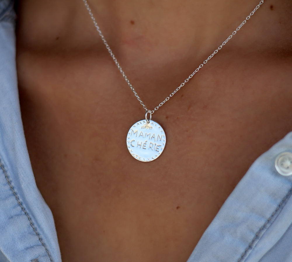 Collier argent 925 médaille maman chérie et coeur