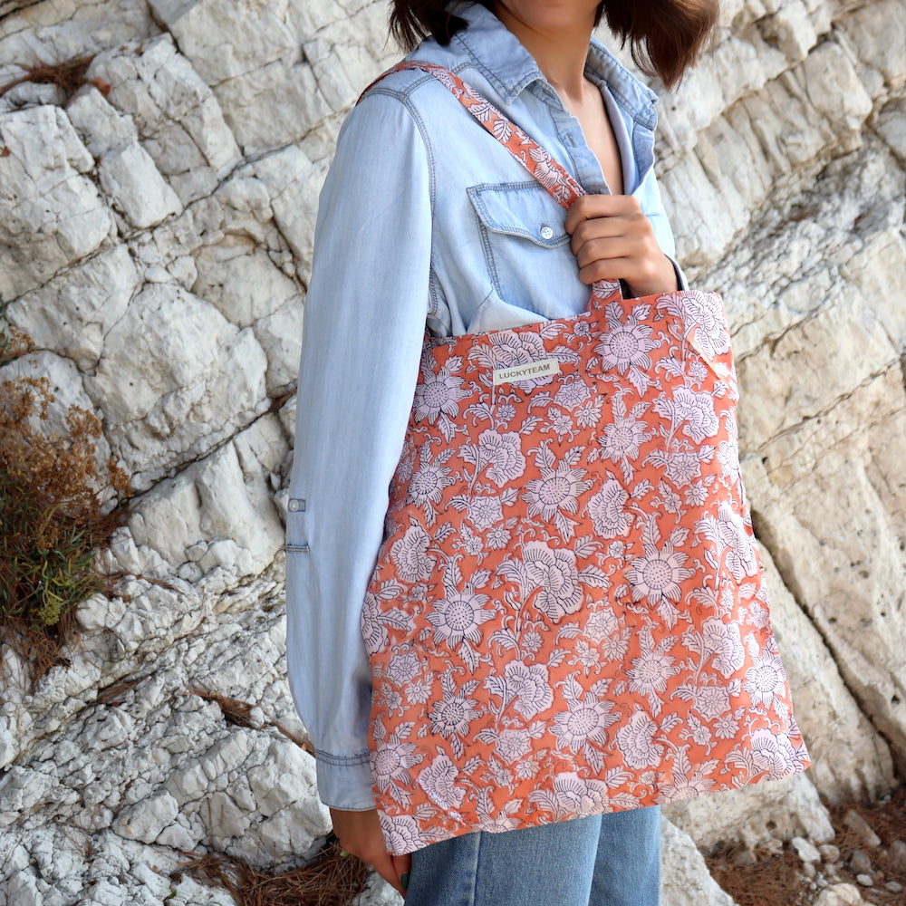 Tote bag Abricot & fleurs blanches - Sacs à main