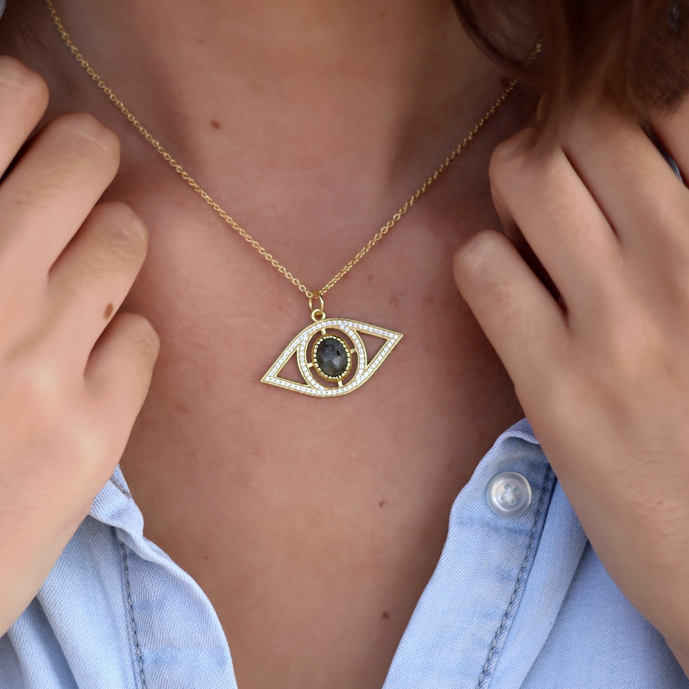 Collier doré pendentif oeil XXL pierre et zircons -