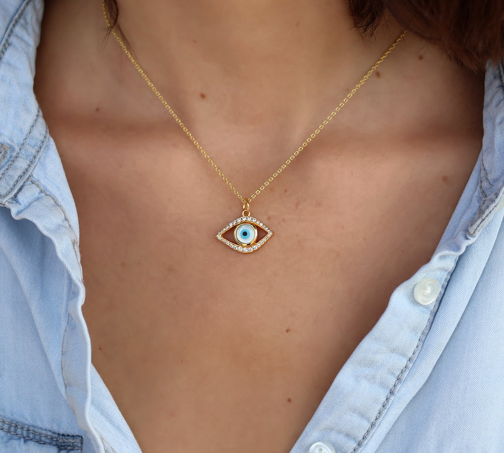 Collier doré oeil évidé nacre et zircons
