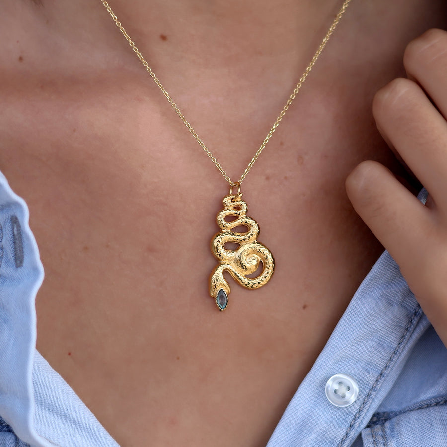 Collier doré pendentif serpent et pierre - LABRADORITE
