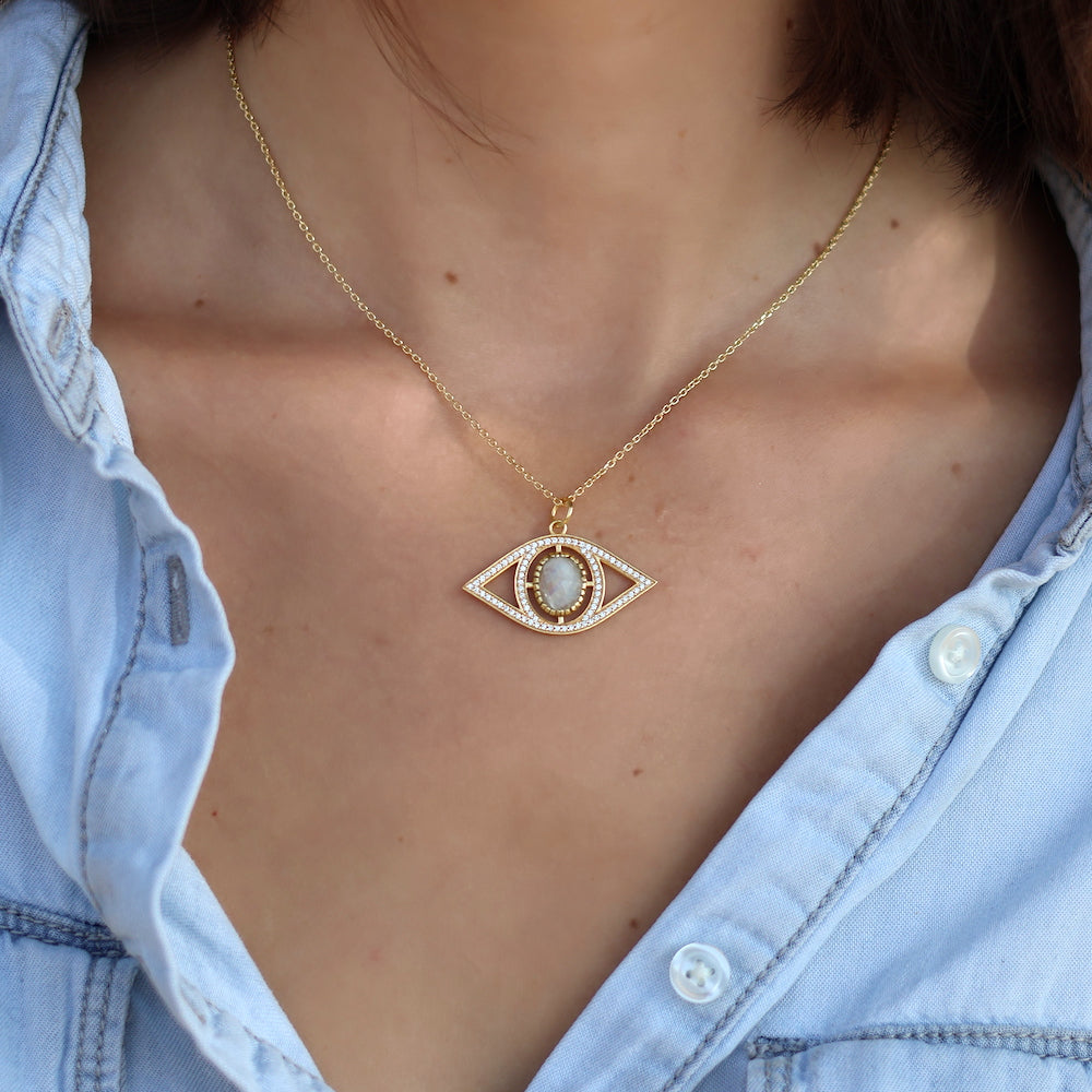 Collier doré pendentif oeil XXL pierre et zircons - PIERRE
