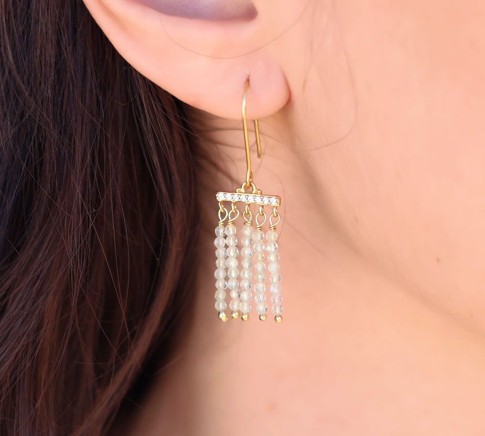 Golden earrings with a cascade of stones and zircons