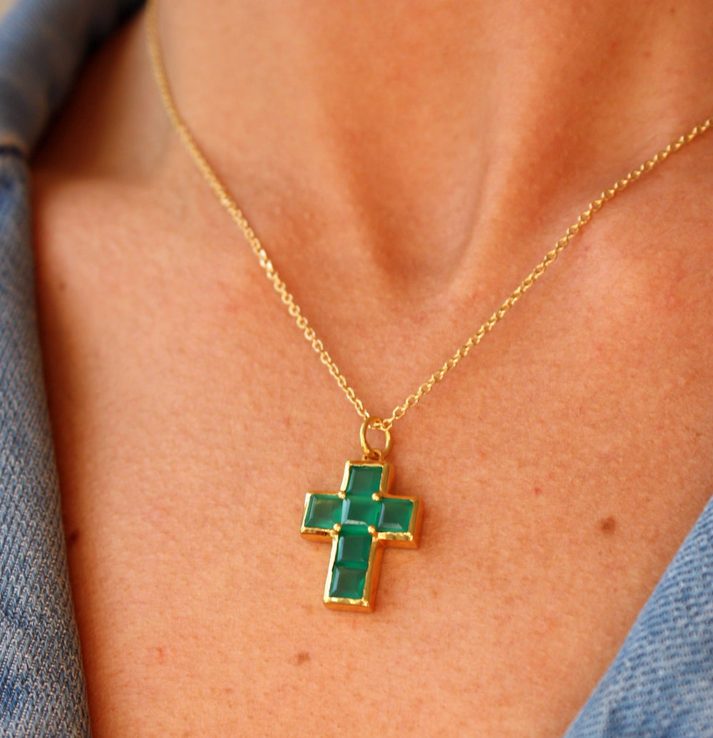 Collier doré pendentif croix pierres carrées - ONYX VERTE