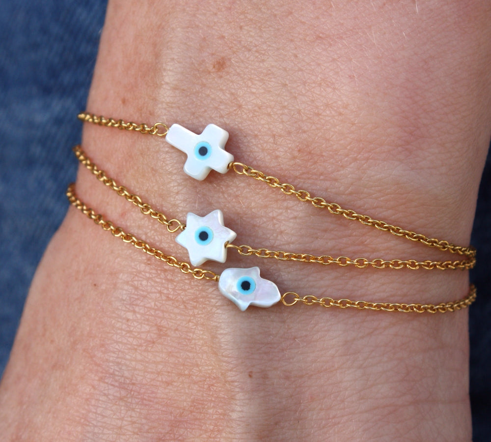Bracelet doré oeil porte bonheur en nacre - CROIX