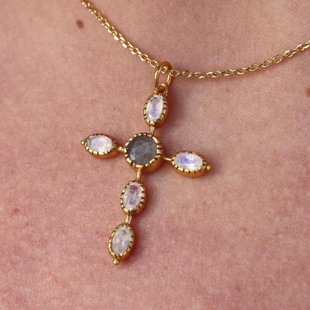 Collier doré croix gipsy pierres - LABRADORITE & PIERRE DE