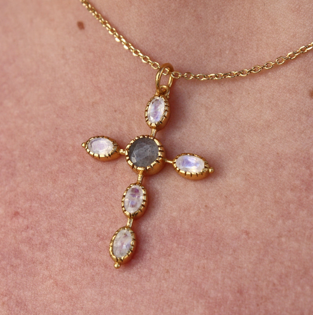 Collier doré croix gipsy pierres - LABRADORITE & PIERRE DE