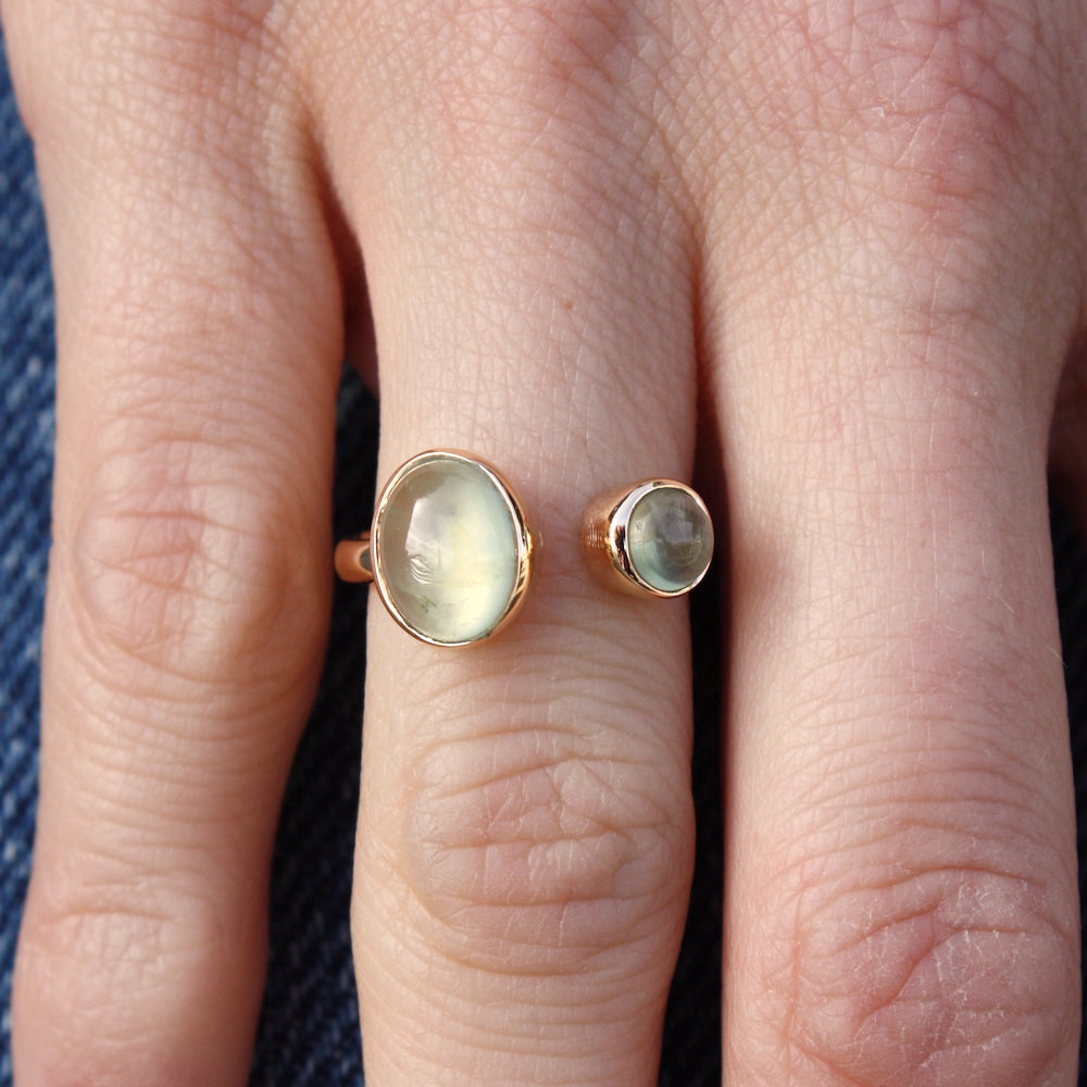 Bague dorée ouverte duo de pierre cabochon - 50 / PREHNITE