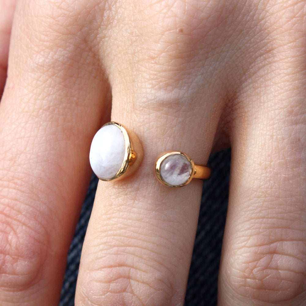 Bague dorée ouverte duo de pierre cabochon - 50 / PIERRE DE