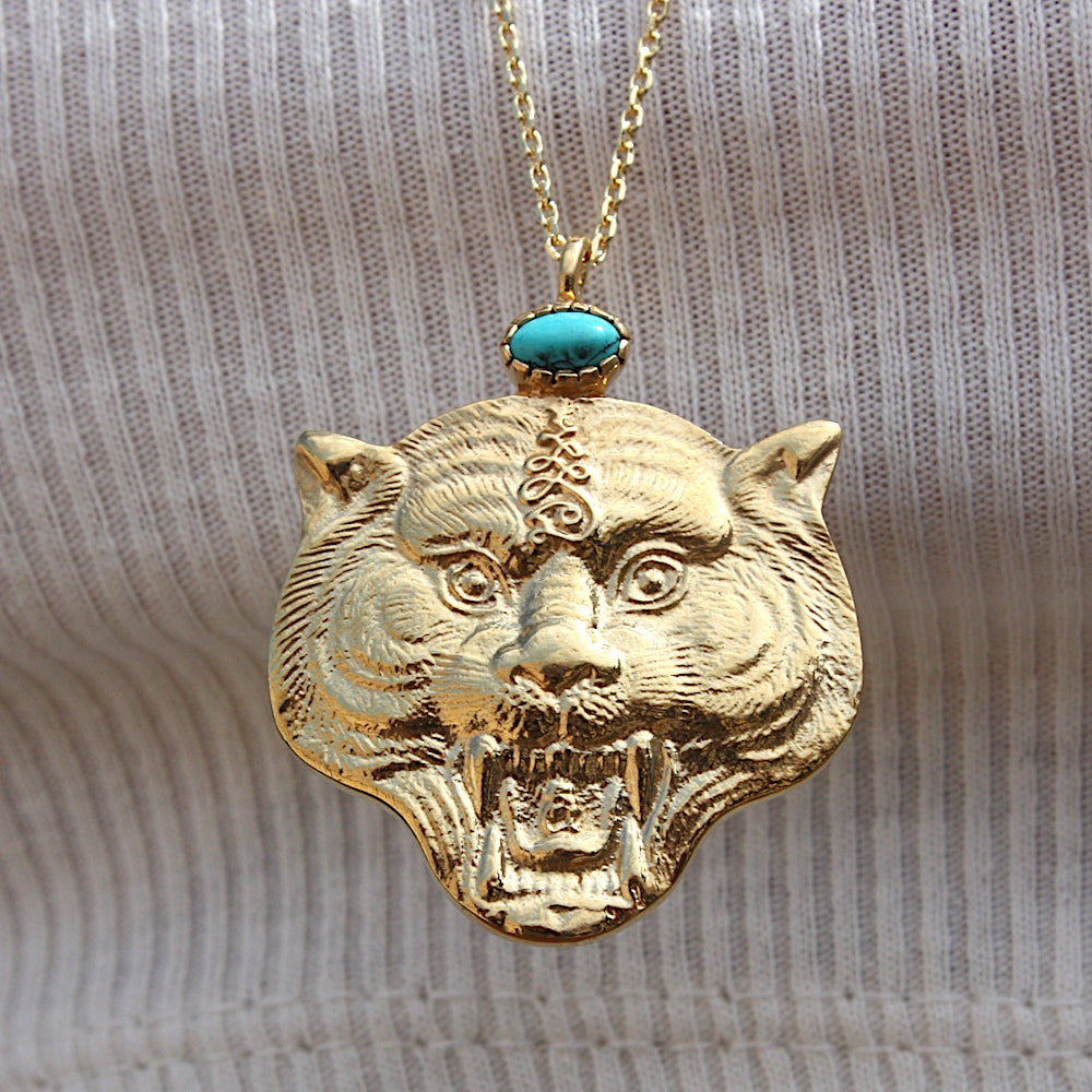 Sautoir tigre doré et pierre - TURQUOISE