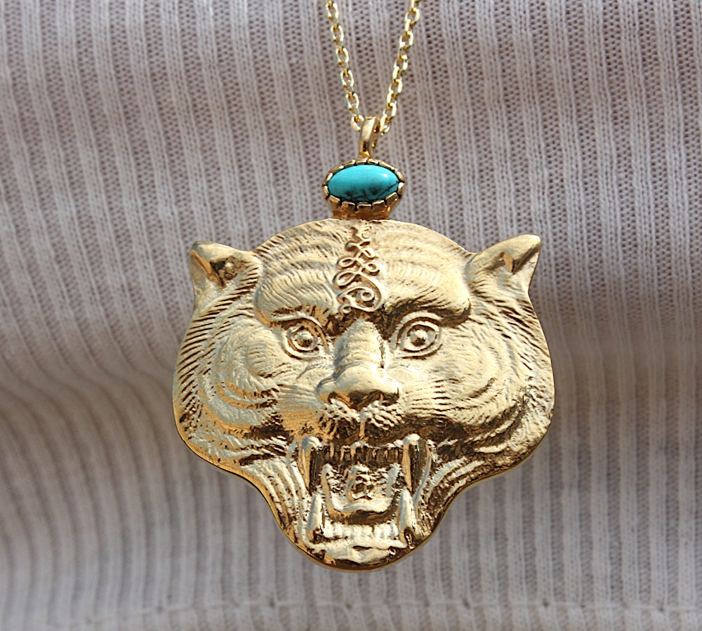 Sautoir tigre doré et pierre - TURQUOISE