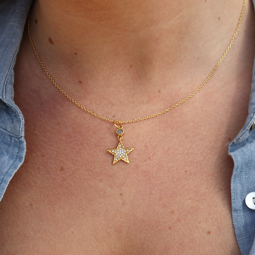 Collier doré étoile pierre et zircons - PIERRE DE LUNE