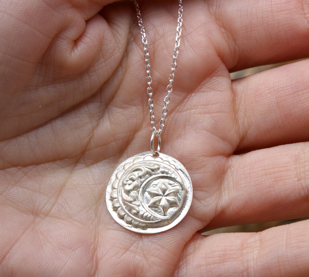 Collier argent 925 médaille lune et étoile