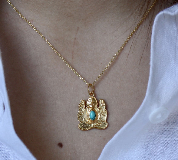 Collier doré bouddha assis et pierre cabochon - TURQUOISE