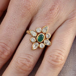 Bague dorée fleur duo de pierres - 50 / PREHNITE & ONYX