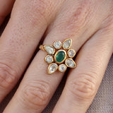 Bague dorée fleur duo de pierres - 50 / PREHNITE & ONYX