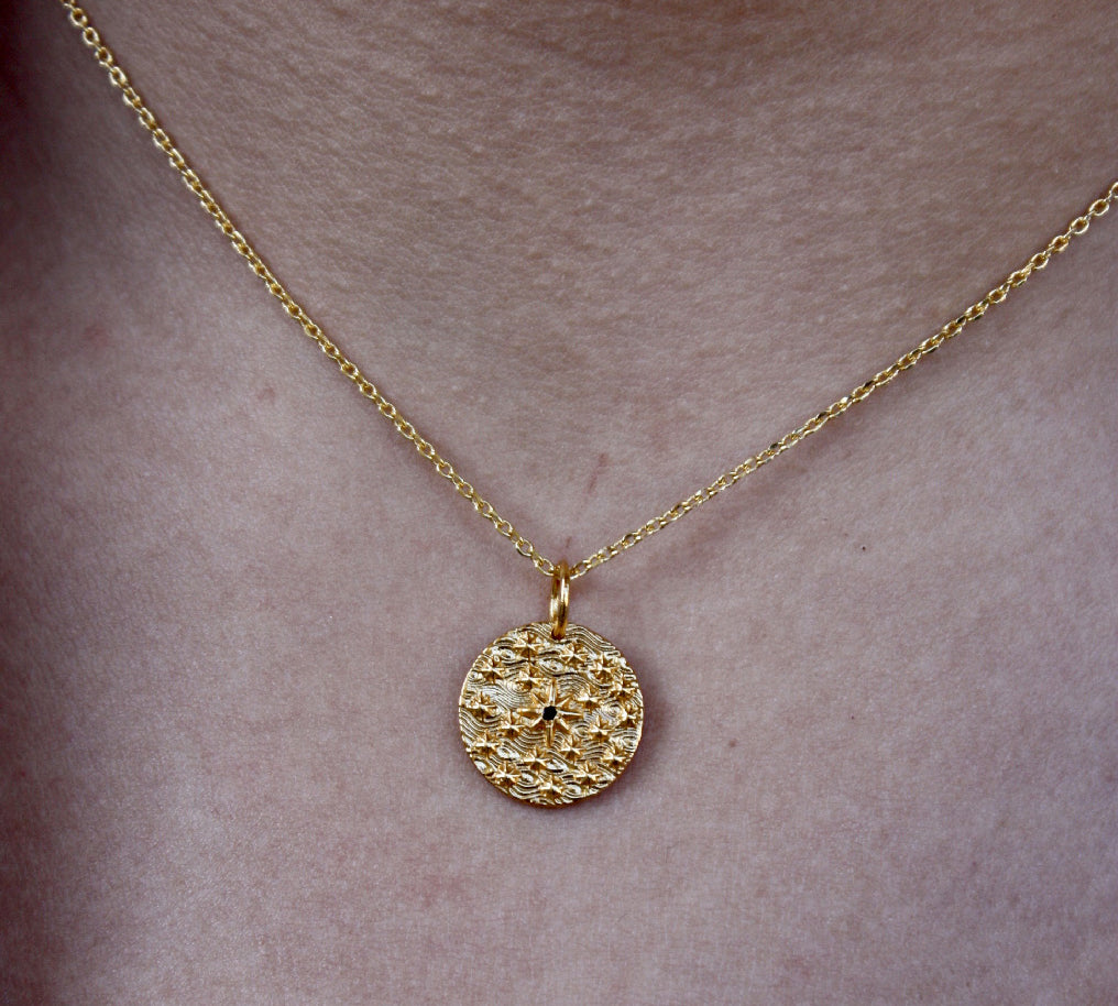 Collier doré médaille rose des vents et zircon - ZIRCON NOIR