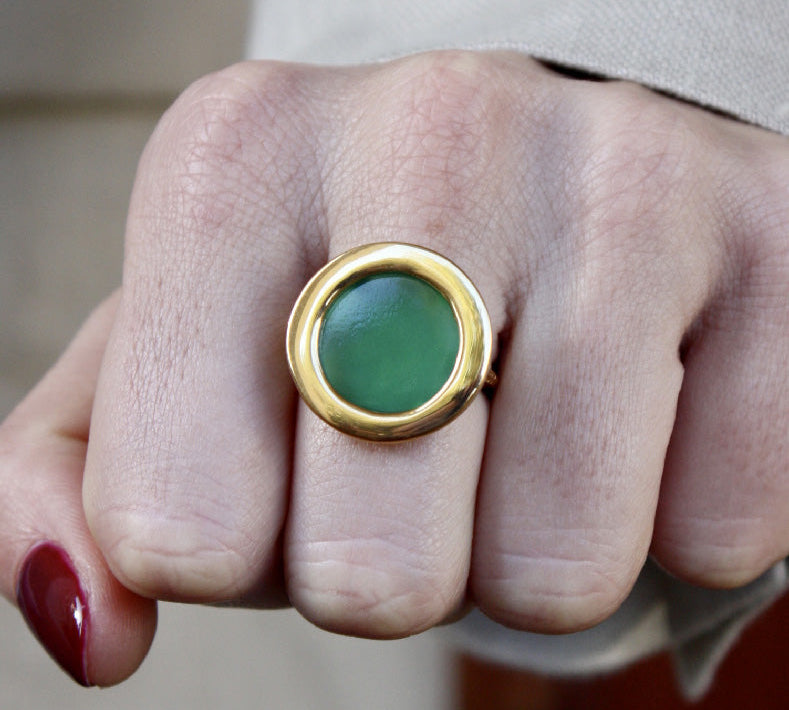 Bague dorée pierre ronde plate - 50 / ONYX VERTE