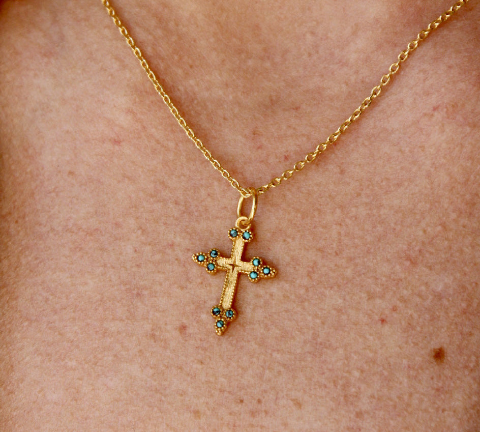 Collier croix dorée et zircons - TURQUOISE