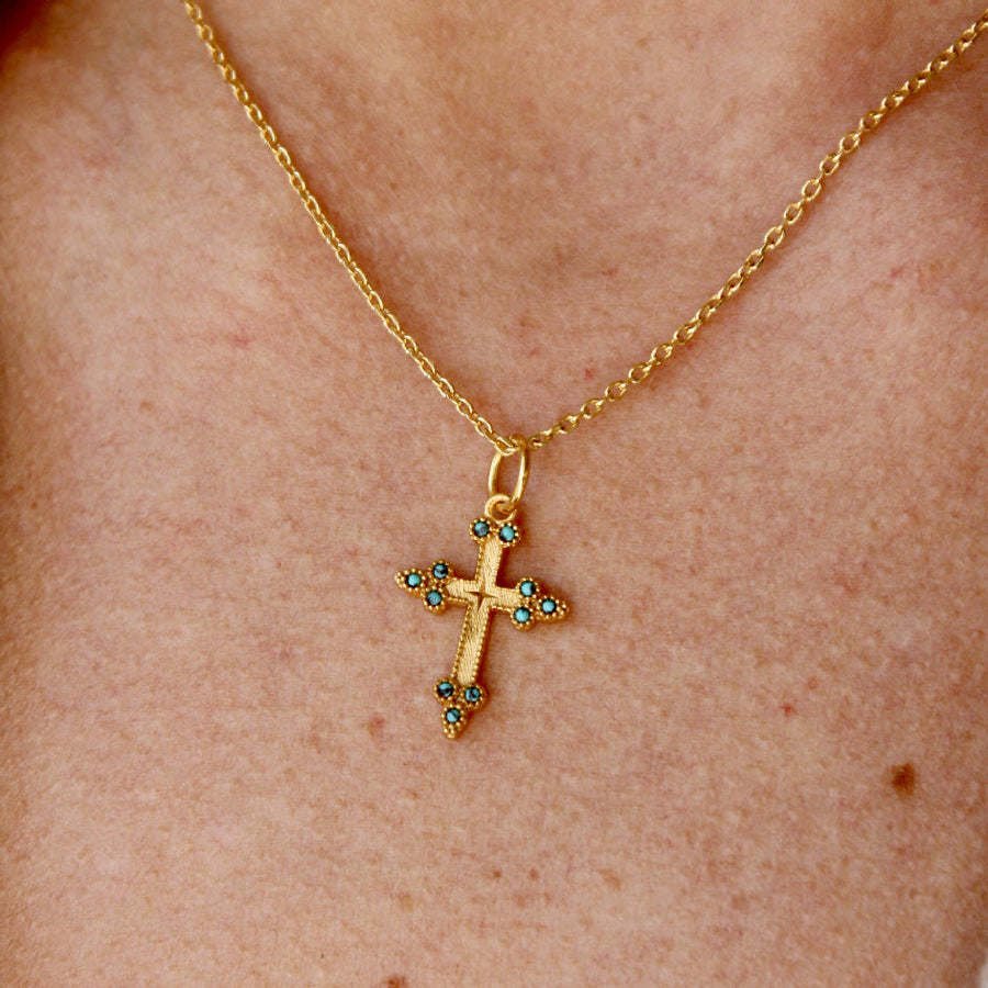 Collier croix dorée et zircons - TURQUOISE