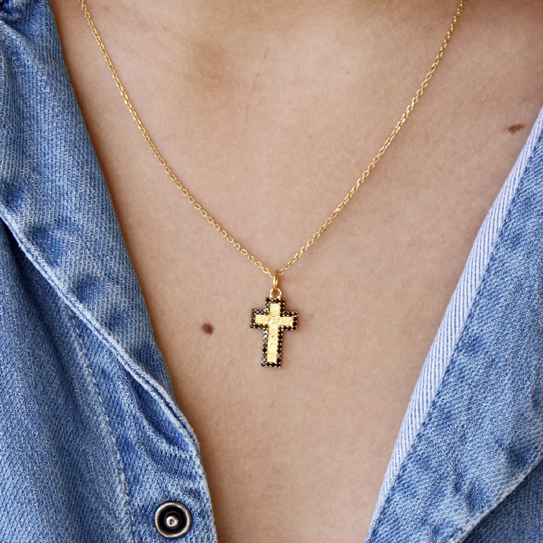 Collier croix dorée texturée et zircons - ZIRCONS NOIRS