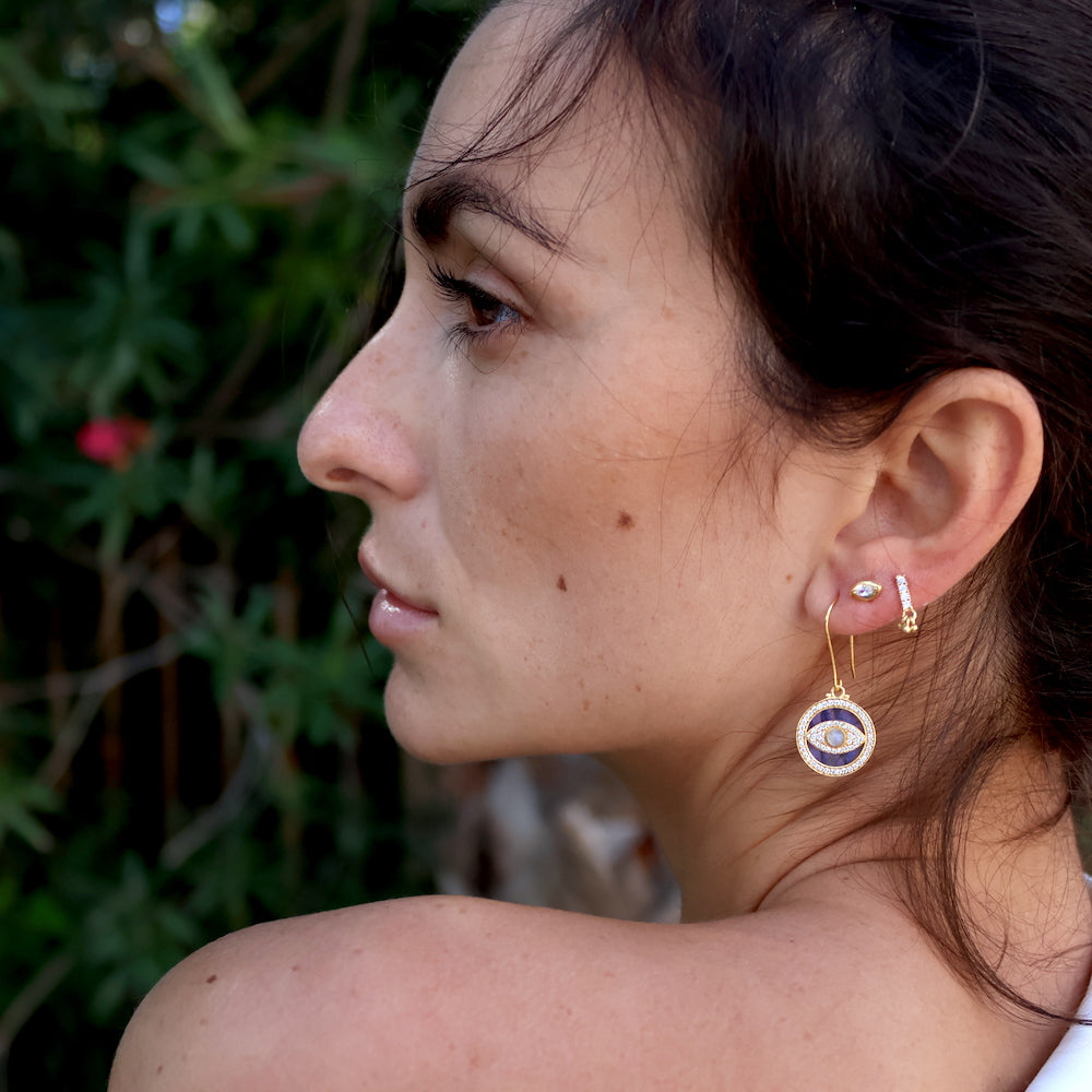 Boucles dorées médaille oeil pierre et zircons - LABRADORITE
