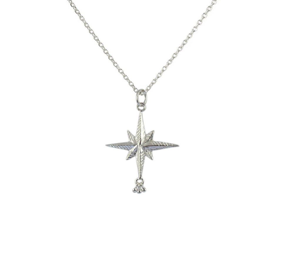 Collier argent 925 rose des vents texturée et pampille -
