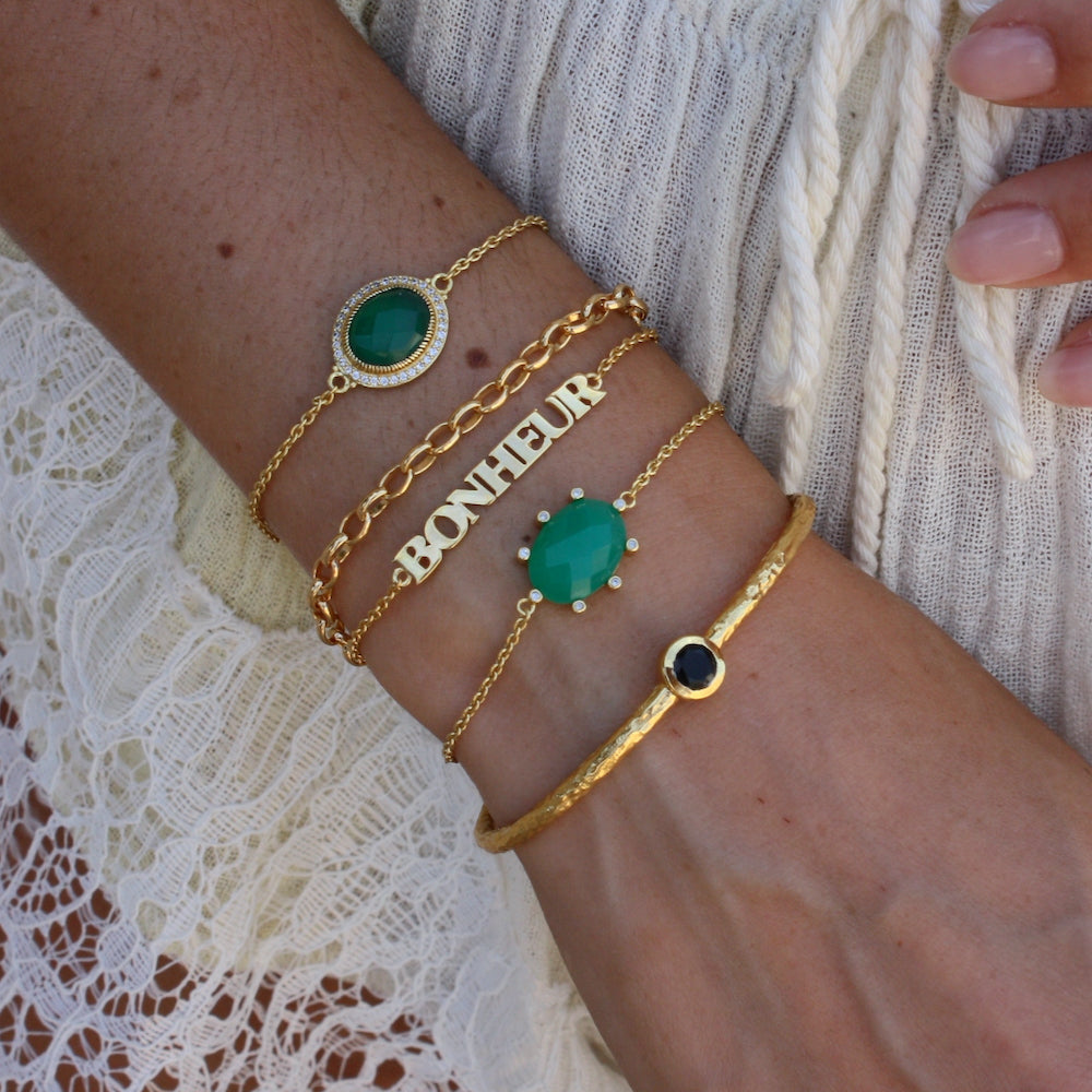 Bracelet doré pierre ovale facettée et zircons - ONYX VERTE